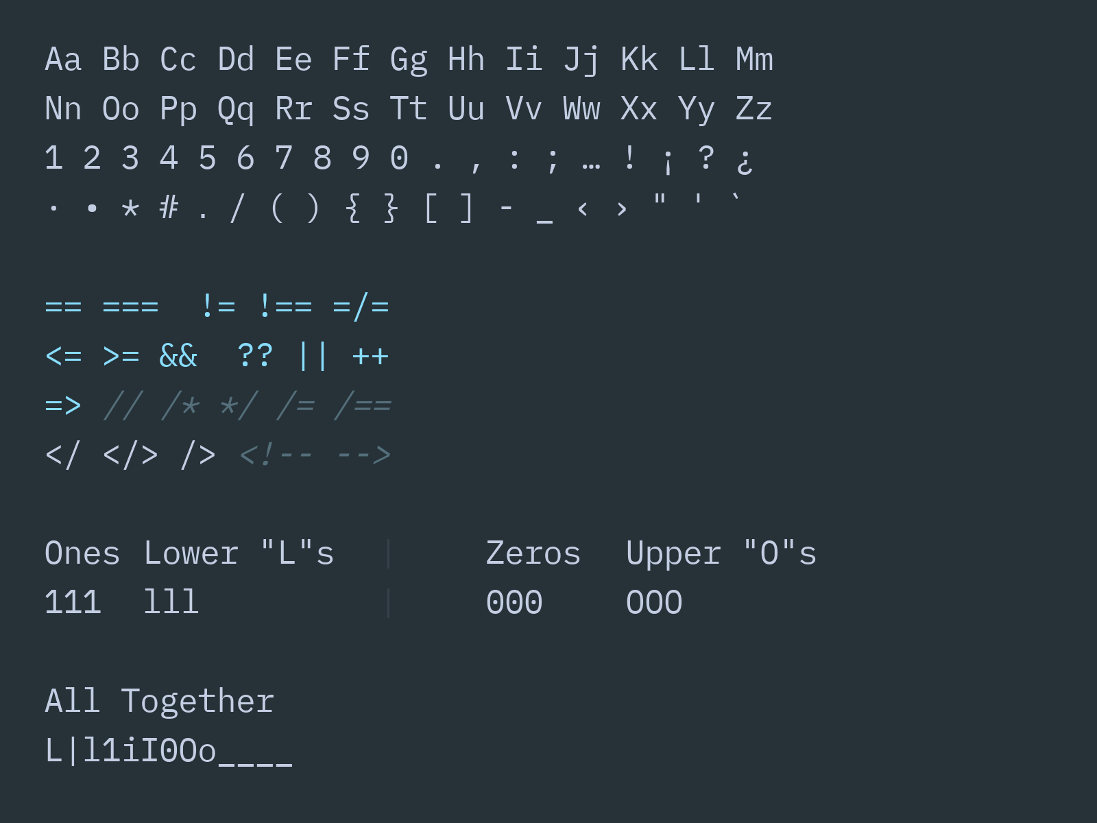 charmap example of IBM Plex Mono in dark mode